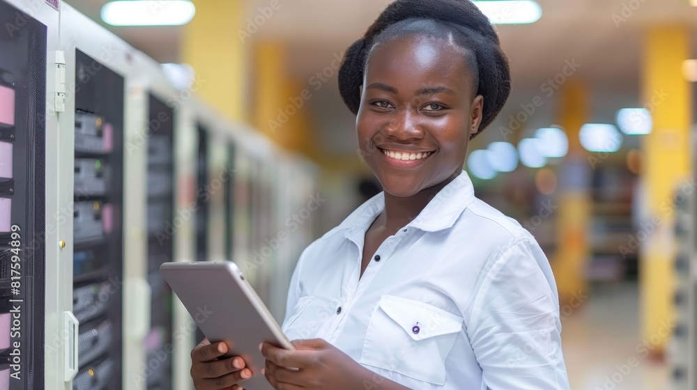 A woman, dressed in a white shirt, smiles at the camera while holding a tablet in front of rows of data racks A woman, dressed in a white shirt, smiles at the camera while holding a tablet in front of rows of data racks