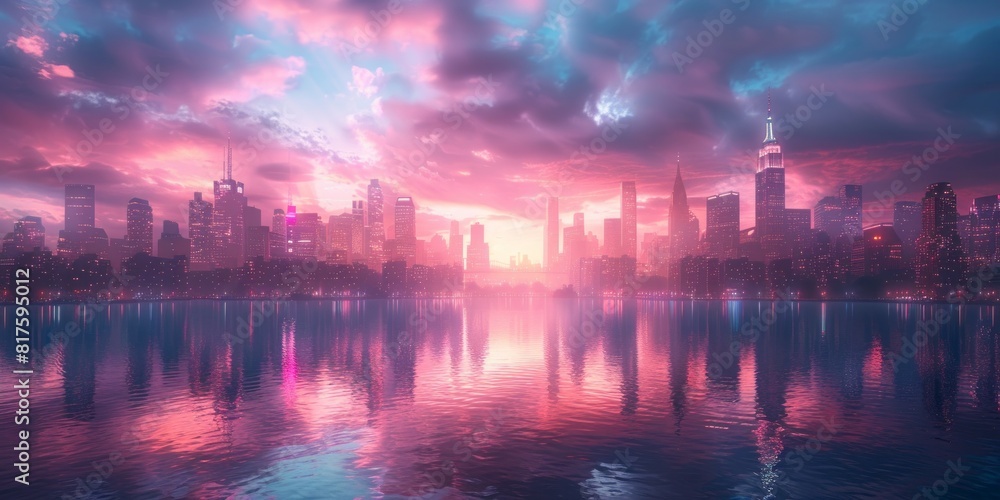 Fototapeta premium Cityscape With a Pink Sky and Clouds