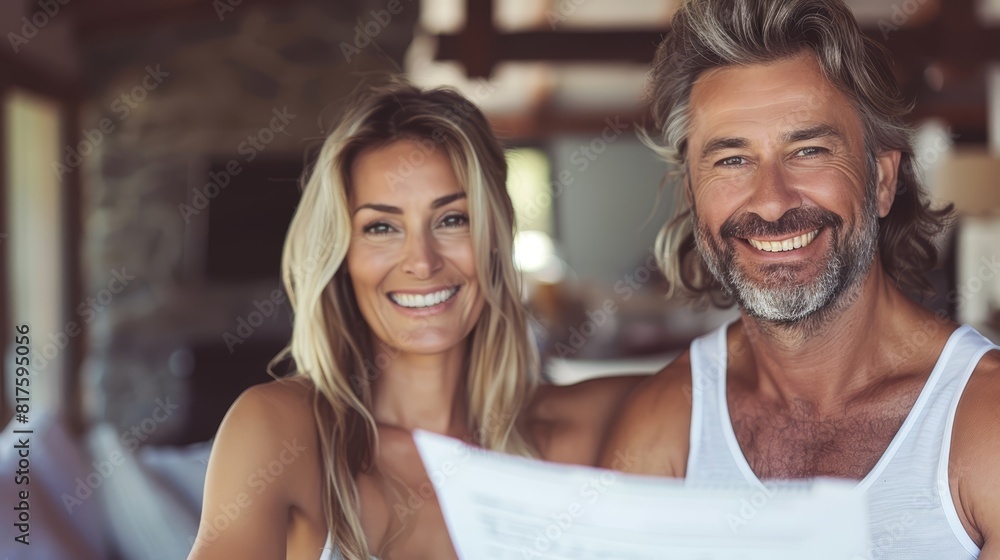 A man and a woman beam, each gripping a paper they face A man and a woman beam, each gripping a paper they face