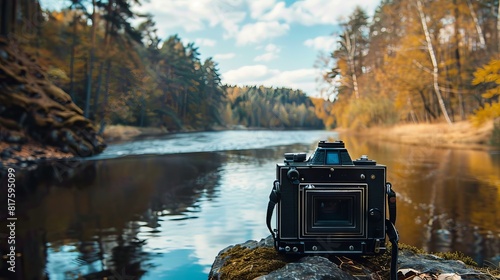 Detailed view of a vintage film camera capturing the peaceful river, focusing on the camera's classic features and the natural scenery