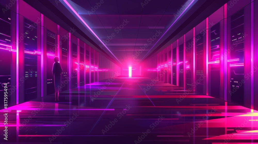 A long hallway is lined with alternating rows of red and purple lights A cross is centrally positioned, illuminated by a bright light A long hallway is lined with alternating rows of red and purple lights A cross is centrally positioned, illuminated by a bright light