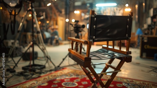 Detailed shot of a director's chair set amidst the film set equipment, highlighting the chair's unique features, isolated for focus photo