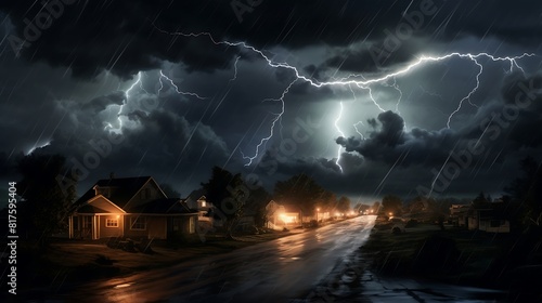 Lightning strike on the road. Thunderstorm, thunderstorm.