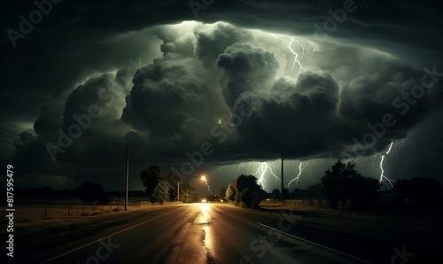 Lightning strike on the road. Thunderstorm  thunderstorm.