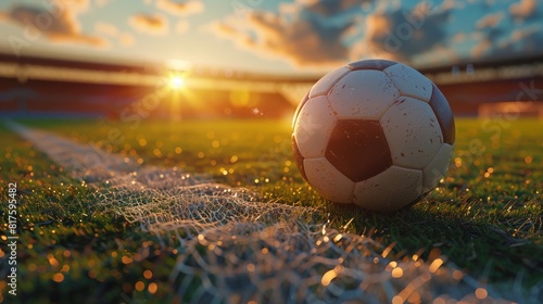 Soccer ball on field at sunset with stadium lights and dramatic sky