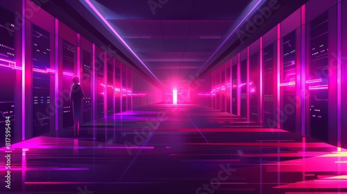  A long hallway is lined with alternating rows of red and purple lights A cross is centrally positioned, illuminated by a bright light © Wall