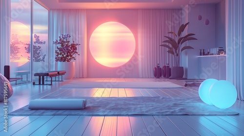 Yoga mat with embedded sensors and digital feedback, surrounded by modern gym equipment, Futuristic, Digital, Soft pastel colors, Tech meets tranquility