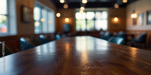 Front view of empty wooden table with fusion japanese restaurant blur background. bokeh bright cafes city hot drink counter dark design desk display empty