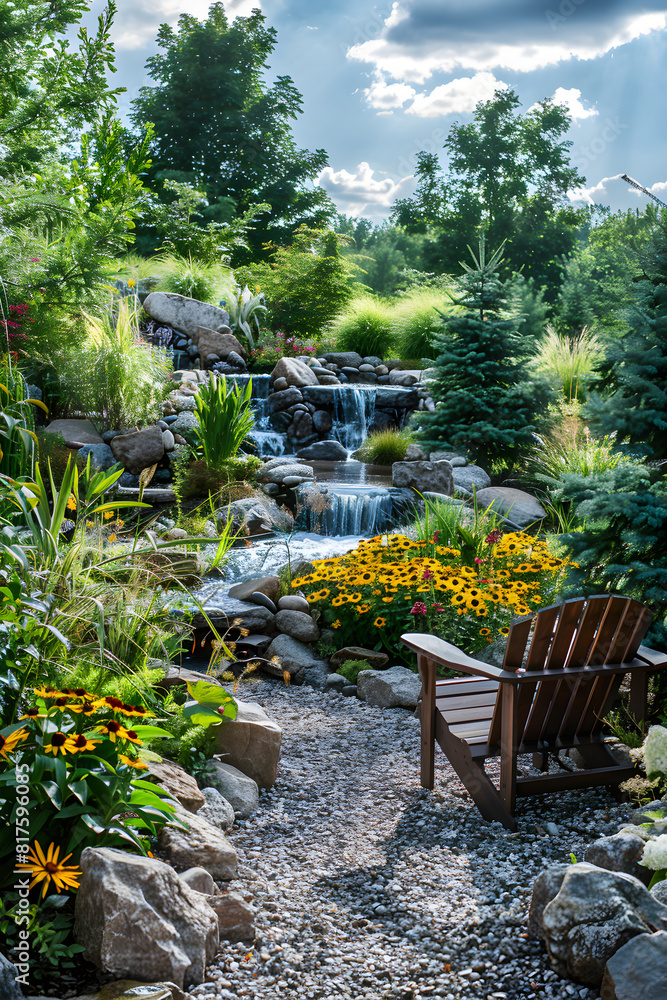 Charming Garden Landscape Featuring Waterfall, Vibrant Flora and Rustic Wooden Furniture