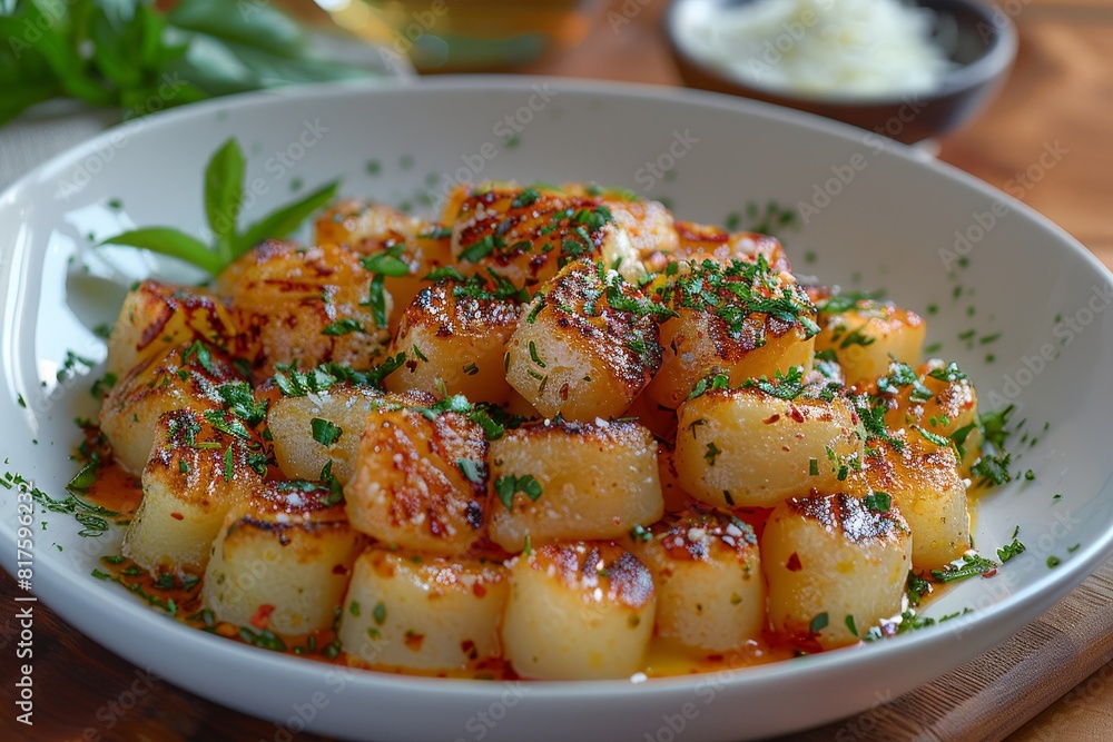 Gnocchi: A plate of potato gnocchi with a creamy sauce or a light tomato sauce, garnished with grated Parmesan and fresh herbs. Gnocchi: A plate of potato gnocchi with a creamy sauce or a light tomato sauce, garnished with grated Parmesan and fresh herbs.