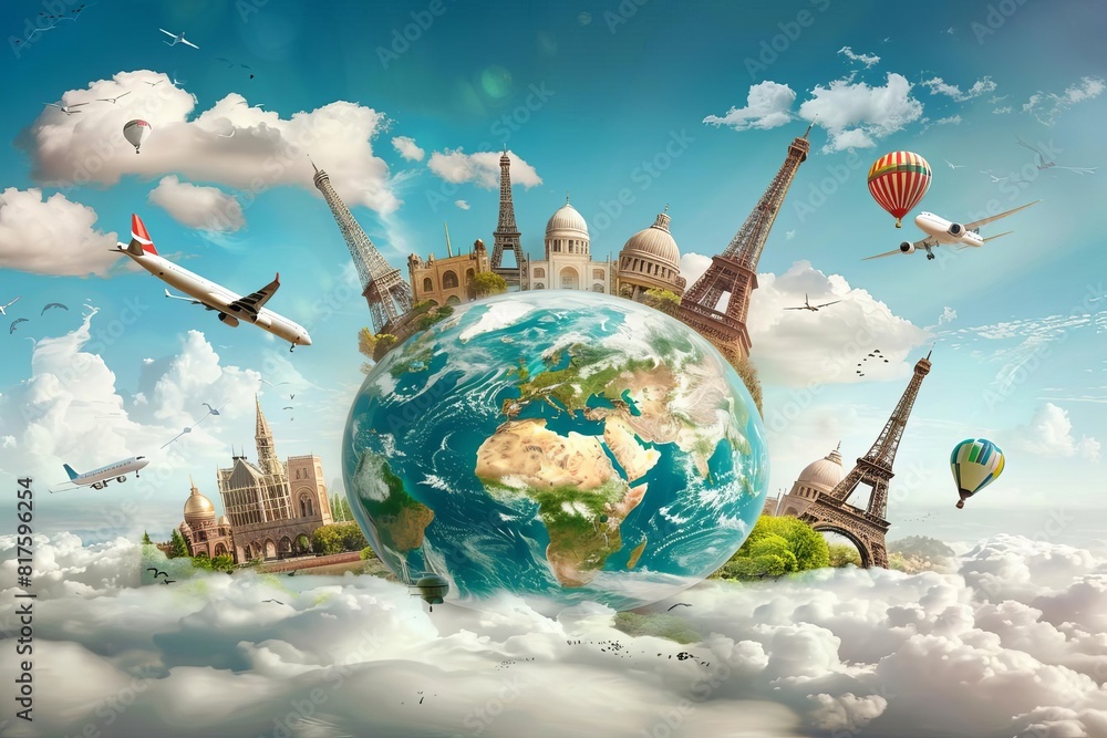 Surreal travel concept, famous landmarks from around the world placed ...