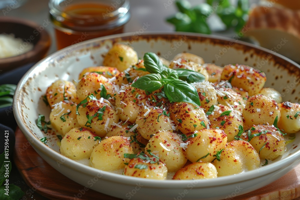 Gnocchi: A plate of potato gnocchi with a creamy sauce or a light tomato sauce, garnished with grated Parmesan and fresh herbs. Gnocchi: A plate of potato gnocchi with a creamy sauce or a light tomato sauce, garnished with grated Parmesan and fresh herbs.