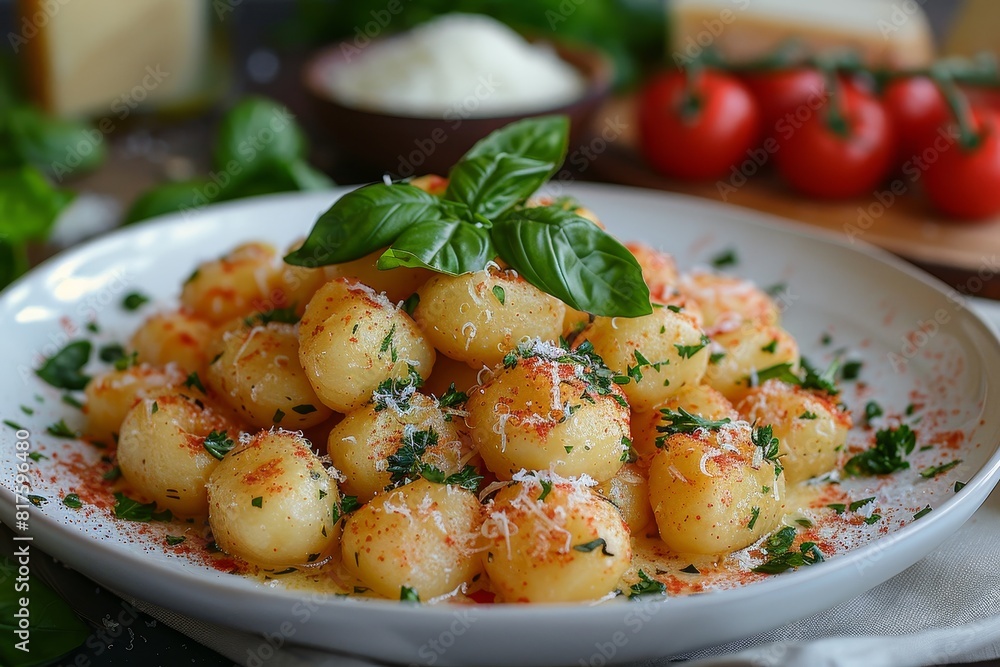 Gnocchi: A plate of potato gnocchi with a creamy sauce or a light tomato sauce, garnished with grated Parmesan and fresh herbs. Gnocchi: A plate of potato gnocchi with a creamy sauce or a light tomato sauce, garnished with grated Parmesan and fresh herbs.