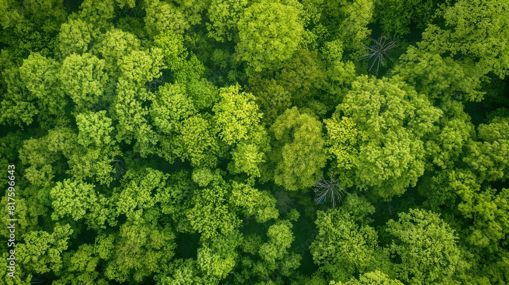 An overhead view of a dense forest canopy in spring, the new leaves creating a vibrant green blanket. 32k, full ultra HD, high resolution