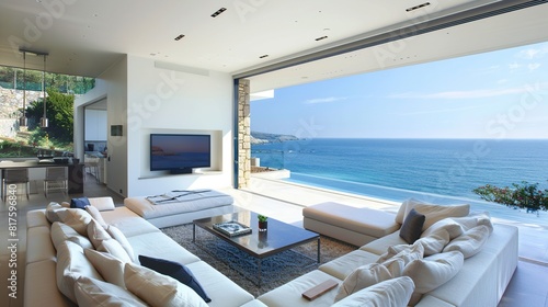 Beautiful Living Room in Modern House Overlooking the Ocean  Generative AI