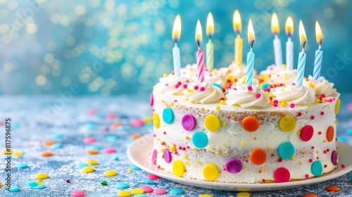  A birthday cake  adorned with white frosting and vibrant sprinkles  sits atop a table scattered with confetti