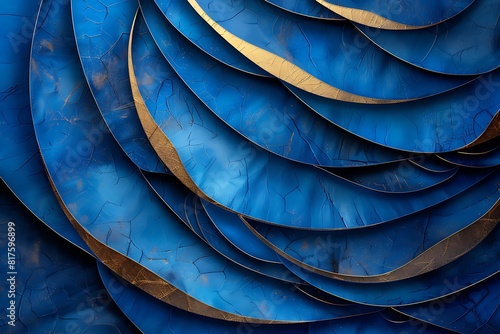 Intricate Blue Geometric Layers with Golden Accents Illuminated Against Dark Blue Backdrop Abstract photo