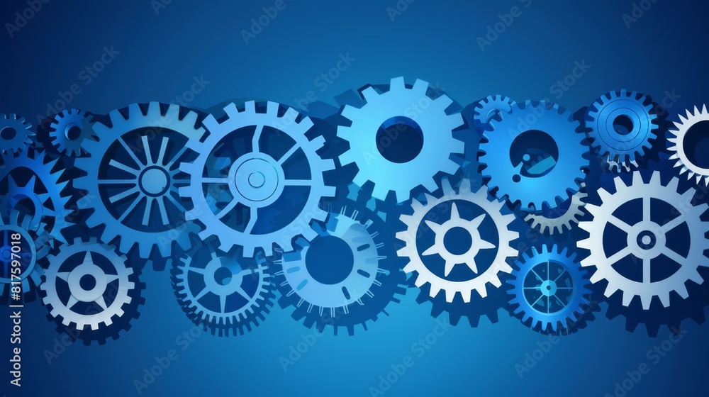 Group of gears against blue backdrop with gear shadow to the image's left Group of gears against blue backdrop with gear shadow to the image's left