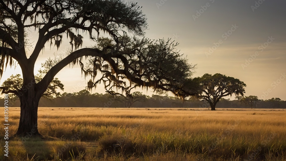 A tranquil savannah with ancient trees and golden grass under a soft morning light