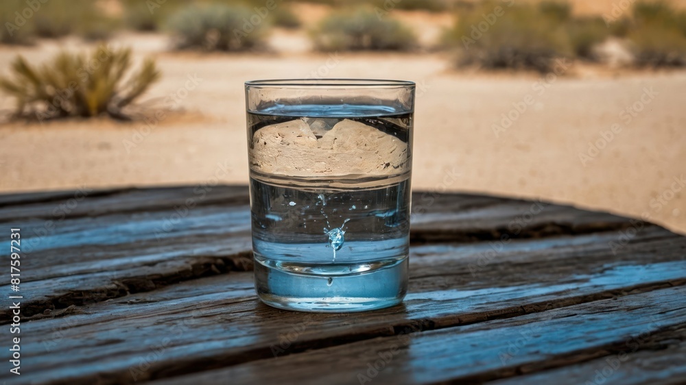 A glass of water on a weathered wooden table in a desert landscape Perfect for summer themes A glass of water on a weathered wooden table in a desert landscape Perfect for summer themes