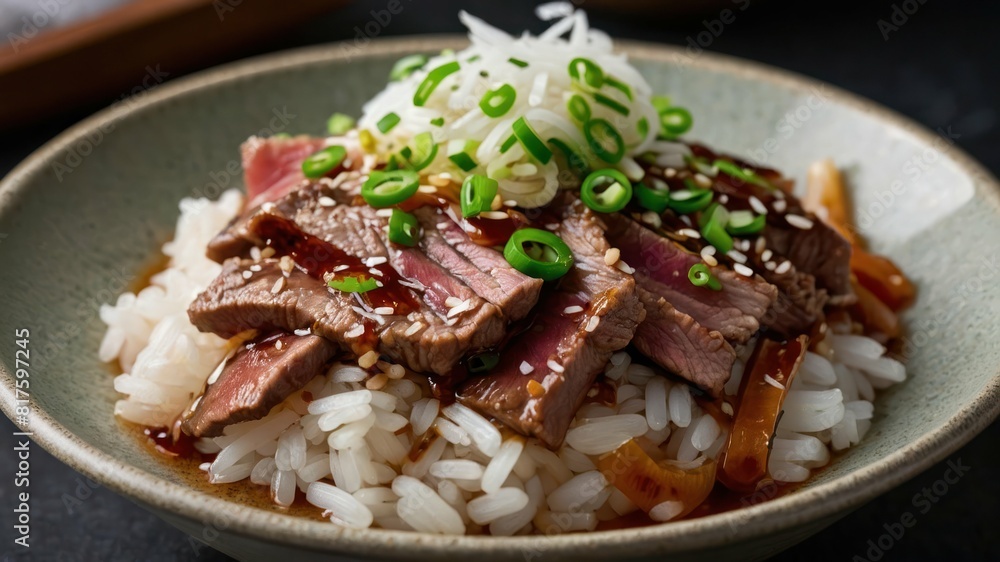 A bowl of comforting donburi with fluffy white rice topped with steak and vegetables A bowl of comforting donburi with fluffy white rice topped with steak and vegetables
