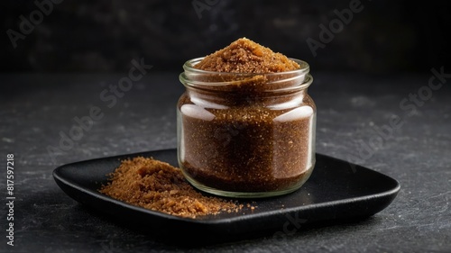 A jar of rich brown muscovado sugar with moist texture, perfect for baking and cooking photo