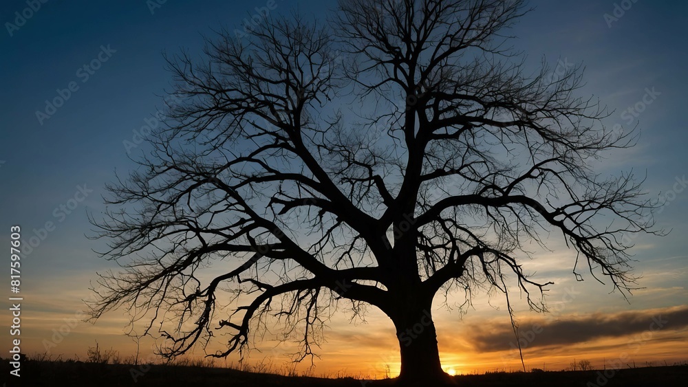 A stark leafless tree silhouette stands tall against a stunning sunset sky. A stark leafless tree silhouette stands tall against a stunning sunset sky.