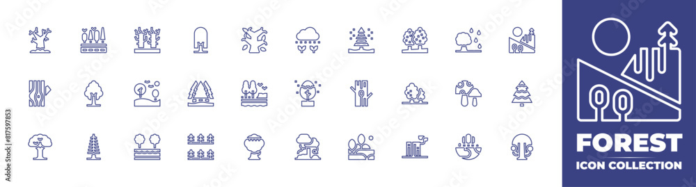 Forest line icon collection. Editable stroke. Vector illustration. Containing tree, pinetree, tropical, trees, stump, pine, ecosystem, trunk, landscape, mushrooms, drytree.