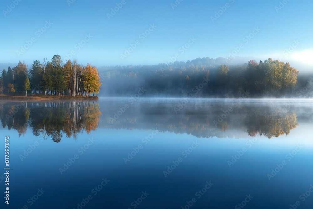 Morning mist rising from a calm lake, trees on the far shore barely visible through the ethereal fog. 32k, full ultra HD, high resolution