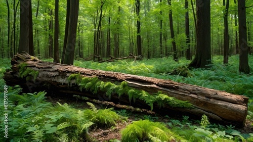 A fallen tree trunk lies in a forest clearing surrounded by lush greenery  ideal for nature themes