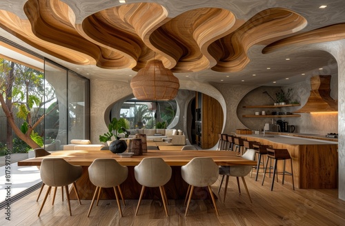 Modern dining room with stylish oval-shaped ceiling and wooden accents