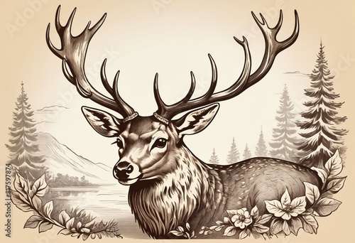 Noble deer in graphic style  sketch vintage illustration