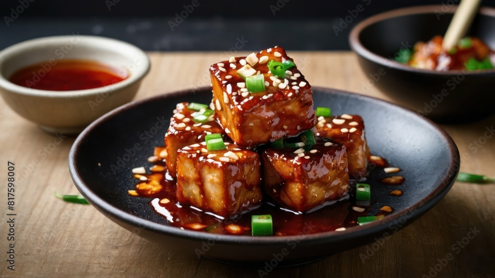 Crispy General Tso tofu glazed in sauce with sesame seeds and green onions, served on a black plate Crispy General Tso tofu glazed in sauce with sesame seeds and green onions, served on a black plate
