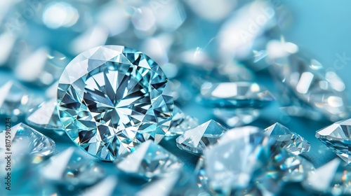 A tight shot of a solitary diamond  nestled among smaller diamonds  against a backdrop of a blue expanse Focus subtly on the diamond s core