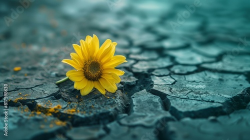 Yellow flower growing out crack in dry ground photo