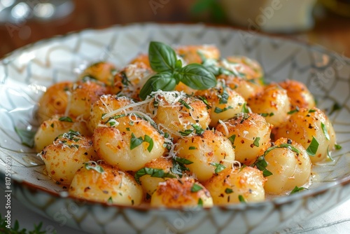 Gnocchi: A plate of potato gnocchi with a creamy sauce or a light tomato sauce, garnished with grated Parmesan and fresh herbs.