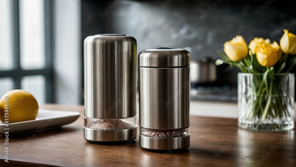 Modern stainless steel salt grinder and sugar dispenser on a kitchen countertop. Modern stainless steel salt grinder and sugar dispenser on a kitchen countertop.
