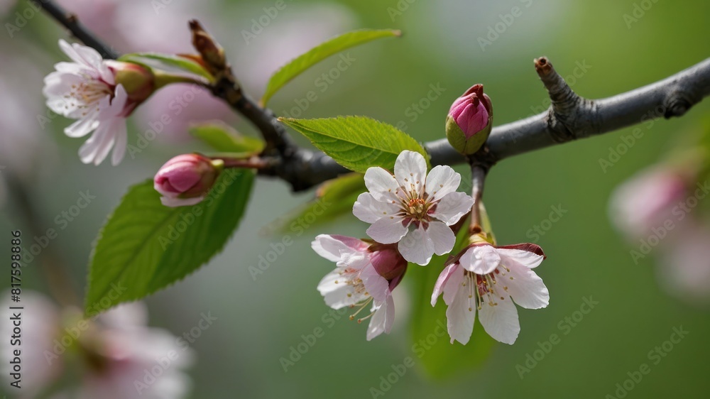 Close up of cherry blossom buds against a blurred green backdrop