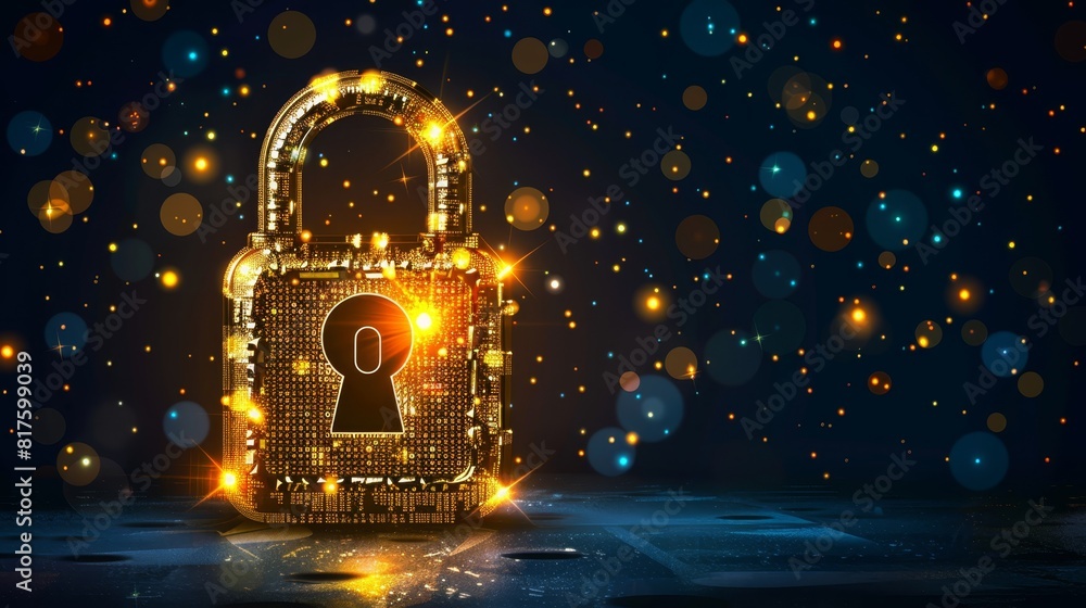 A golden padlock with a radiating keyhole against a dark blue backdrop, surrounded by a halo of light A golden padlock with a radiating keyhole against a dark blue backdrop, surrounded by a halo of light