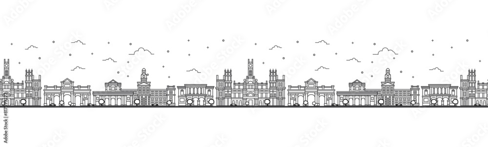 Seamless pattern with outline Madrid Spain City Skyline. Historic Buildings Isolated on White. Madrid Cityscape with Landmarks.