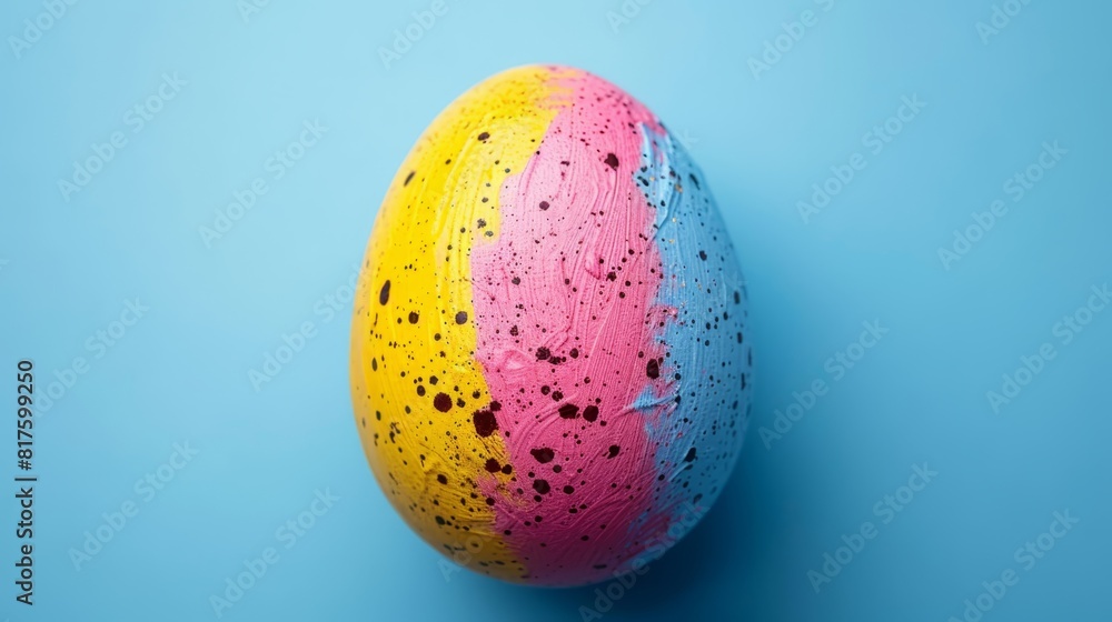 A painted Easter egg against a blue backdrop, speckled with pink, yellow, and blue paint splatters A painted Easter egg against a blue backdrop, speckled with pink, yellow, and blue paint splatters