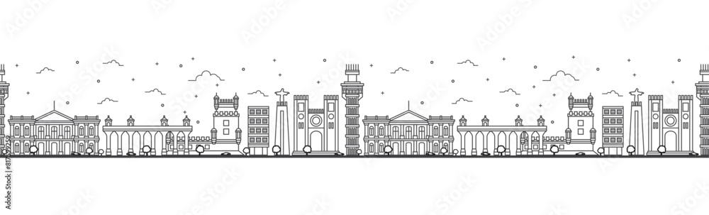 Seamless pattern with outline Lisbon Portugal City Skyline. Historic Buildings Isolated on White. Lisbon Cityscape with Landmarks.
