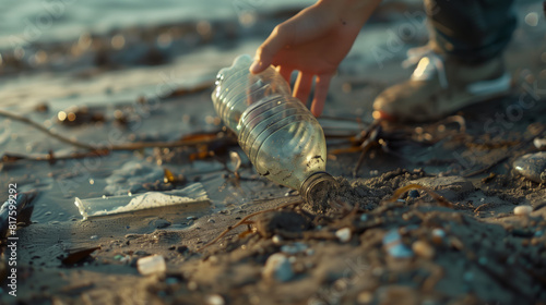 The concept of caring for the environment and the need for proper waste disposal. A man picks up a plastic bottle from the beach. 