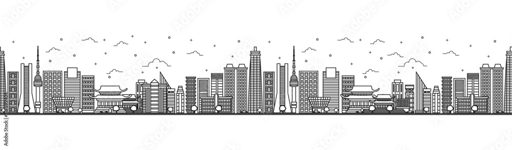 Seamless pattern with outline Seoul South Korea City Skyline. Modern Buildings Isolated on White. Seoul Cityscape with Landmarks.