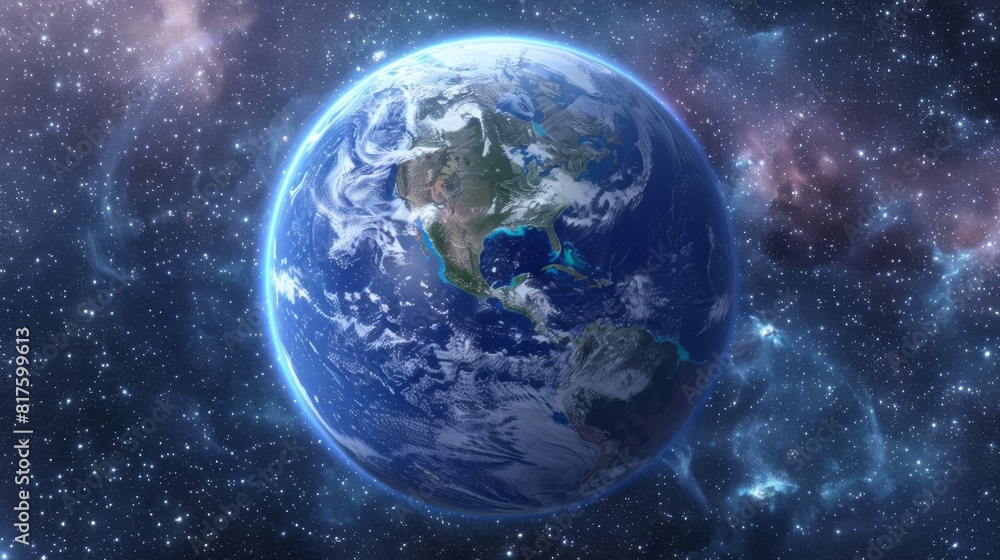 A perspective of Earth from space, starred backdrop, sun at image's heart A perspective of Earth from space, starred backdrop, sun at image's heart