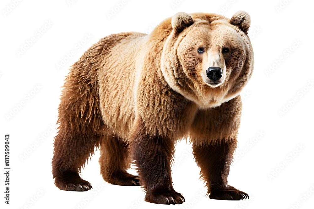 Fototapeta premium Brown bear walking in search of food isolated on cut out PNG or transparent background. Realistic animal clipart template pattern. Brown bears' favorite foods are salmon and trout.