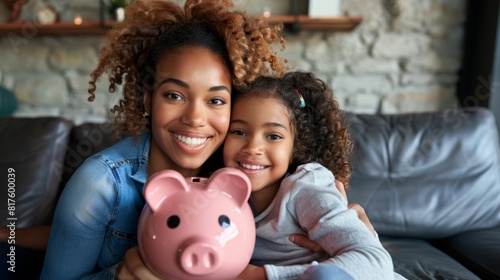  A woman and a young girl stand before a gray couch, each holding a pink piggy bank Brick wall background