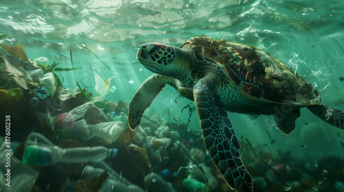 The concept of sadness and despair about the state of our oceans. A turtle swimming in a sea of plastic waste. 