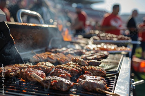 A tailgate barbecue party outside a sports stadium, with fans grilling and enjoying food before the game