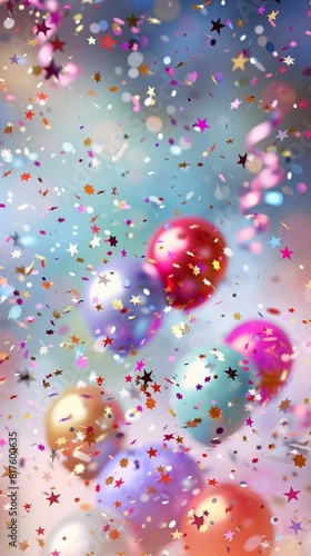 Ultra-Realistic Festive Background with Confetti, Stars, Balloons, and Ribbons - Vertical, High Resolution, Copy Space, Joyous Celebrations